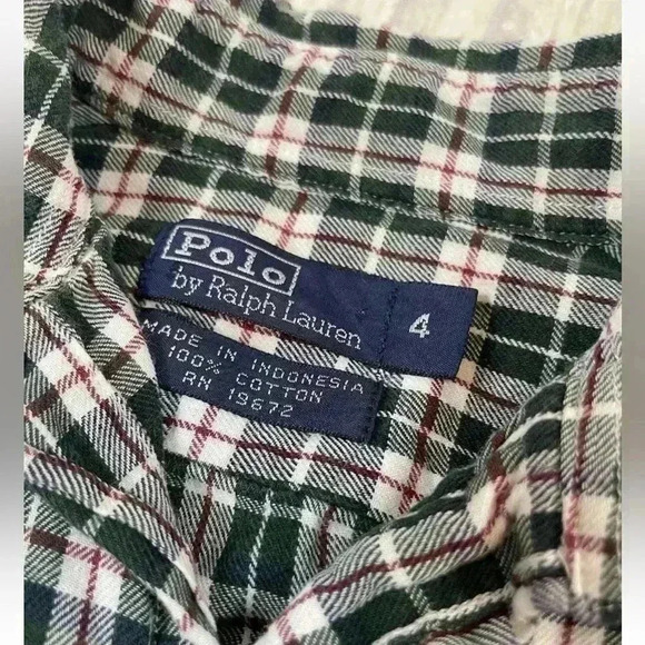 Ralph Lauren Boys 4 Kid GREEN RED Plaid LS Button Down Shirt 100% Cotton POLO - Picture 2 of 11